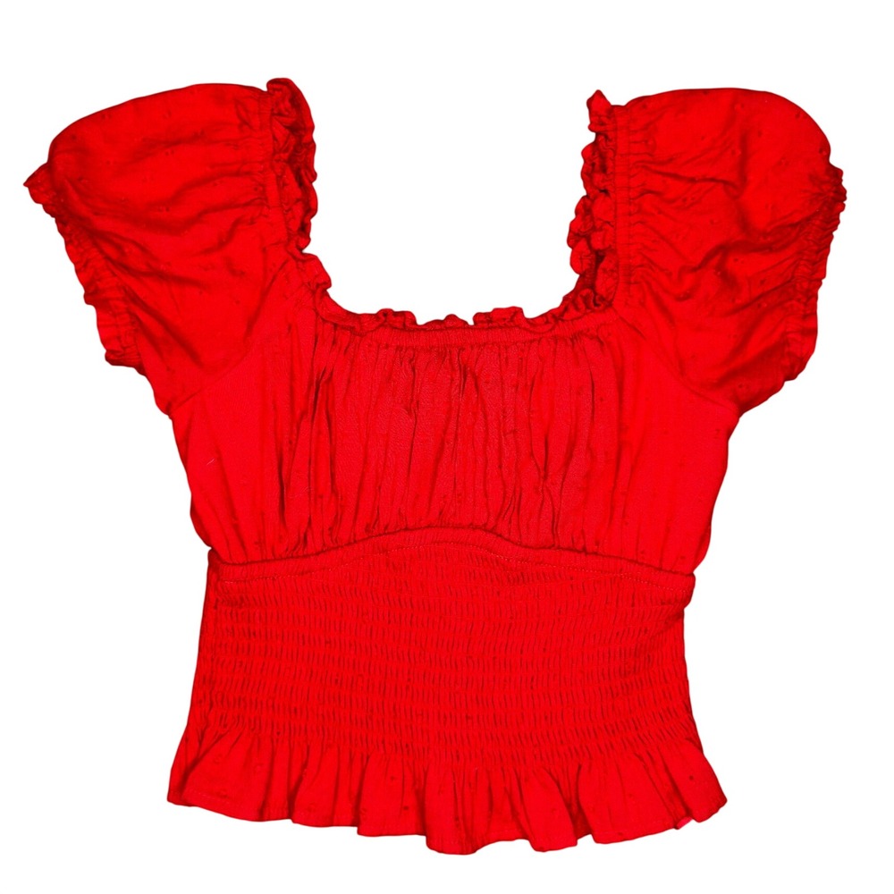 Hollister Crop Top XS Red Smocked Puff Sleeve Swiss Dot Ruffle Peasant Blouse
